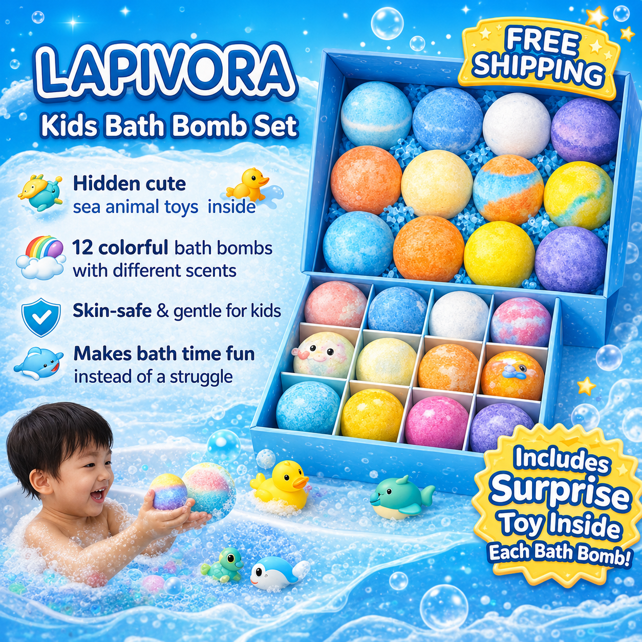LAPIVORA Surprise Bath Bombs With Toys For KIDS Pack of 12